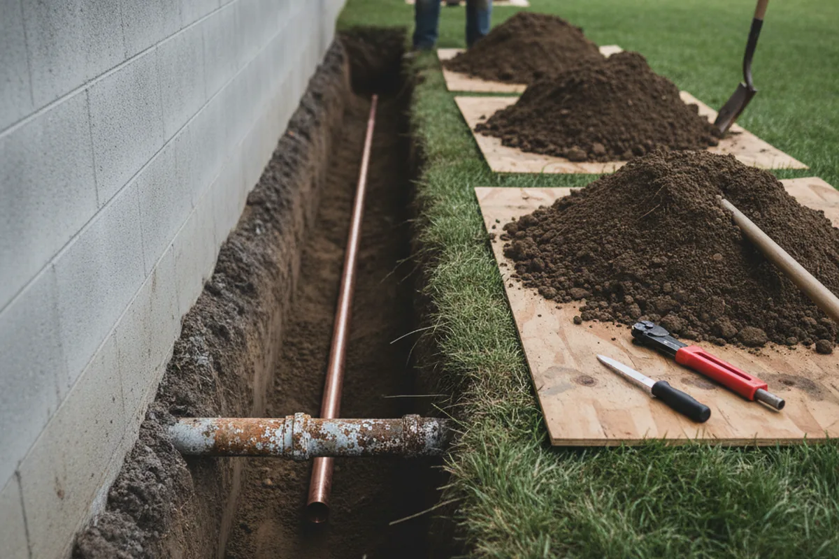 Excavated water line trench during Water Softener Installation in Foxboro
